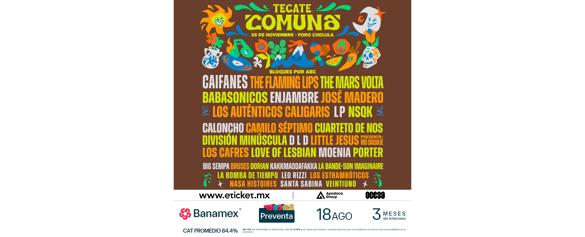 Tecate Comuna 2026 reúne a Caifanes, The Flaming Lips, The Mars Volta y más actos en Puebla