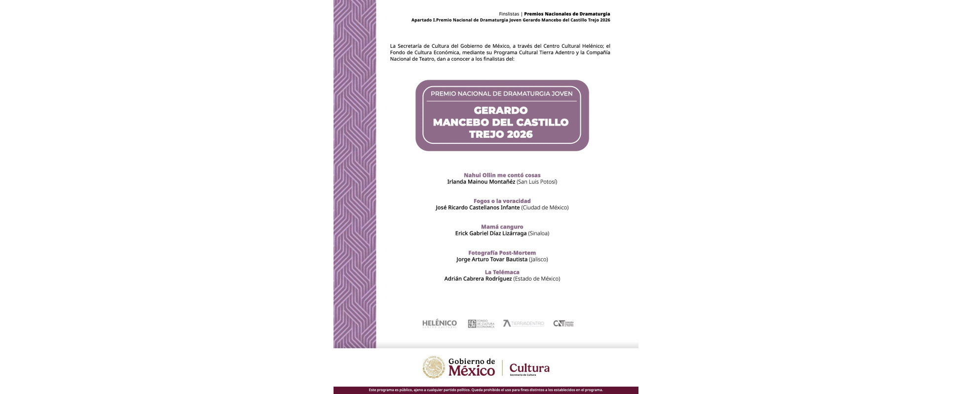 El Premio Nacional de Dramaturgia Joven Gerardo Mancebo del Castillo Trejo revela a las cinco obras finalistas de su edición 2026